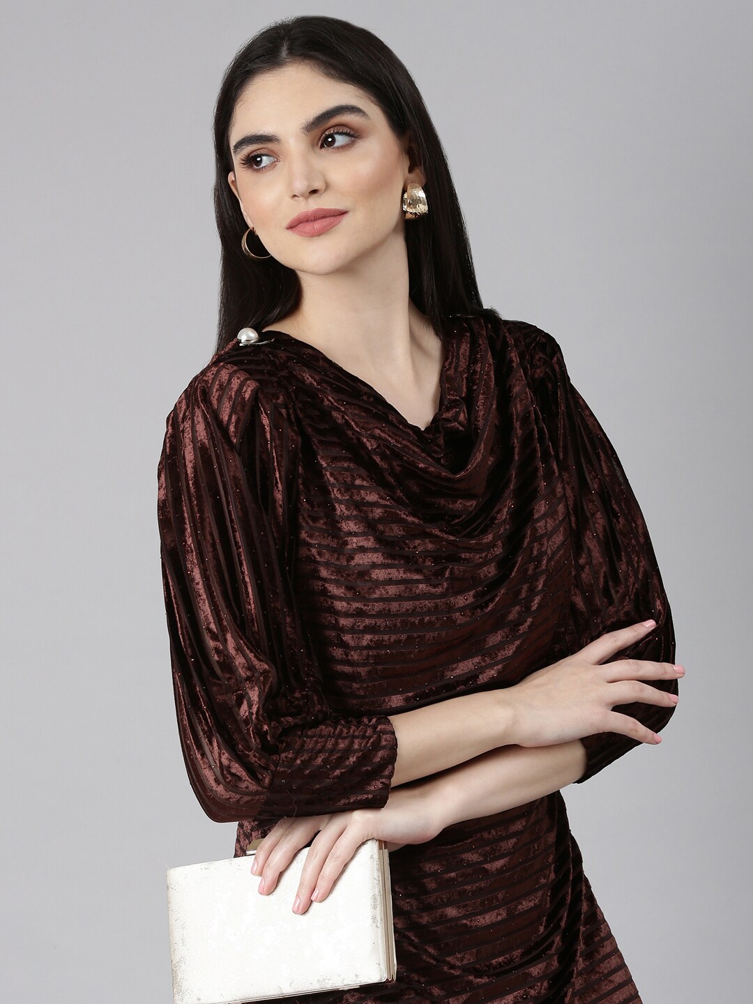 

SHOWOFF Self Design Cowl Neck Velvet A-Line Dress, Coffee brown