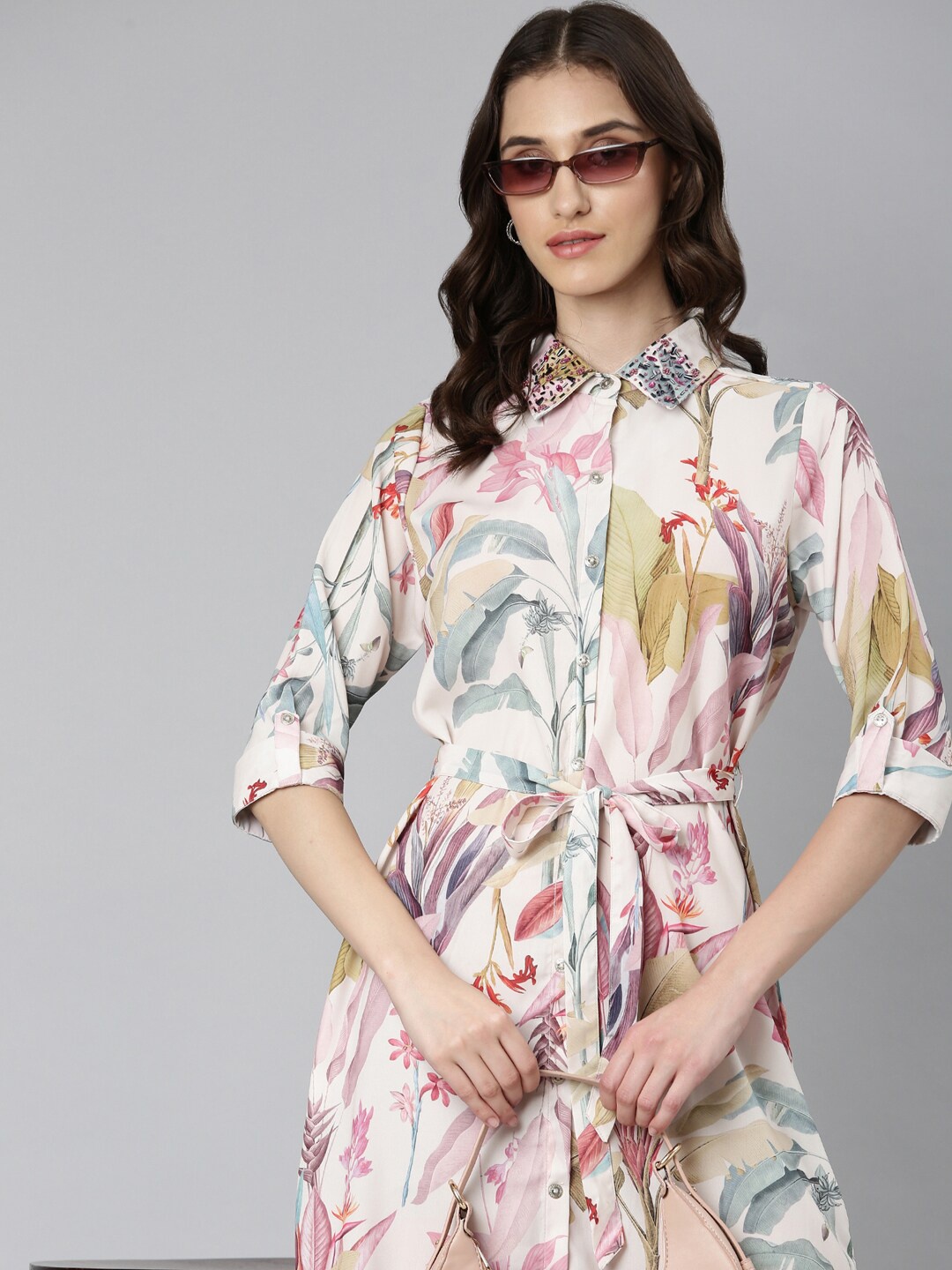 

SHOWOFF Floral Printed Tie Ups Shirt Style Midi Dress, Cream