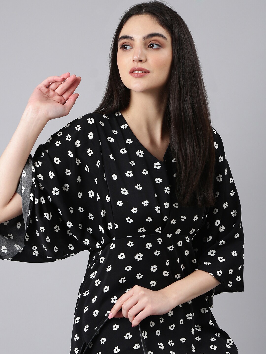 

SHOWOFF Floral Printed Flared Sleeve A-Line Dress, Black