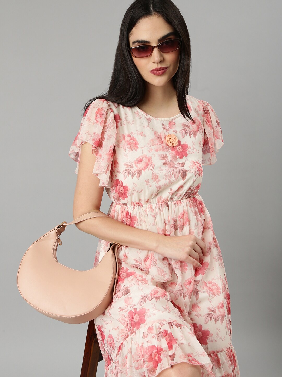 

SHOWOFF Floral Printed Flutter Sleeves Gathered & Tiered Detail Fit & Flare Dress, Off white