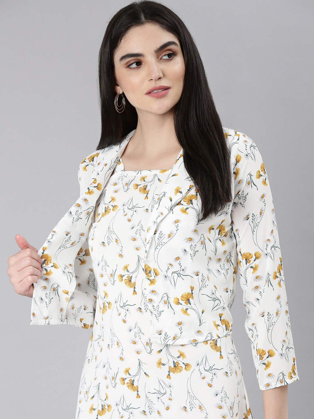 

SHOWOFF Floral Printed Shoulder Straps A-Line Dress With Jacket, White