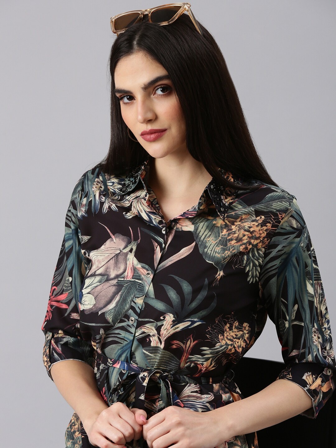 SHOWOFF Tropical Printed Shirt Dress, Black