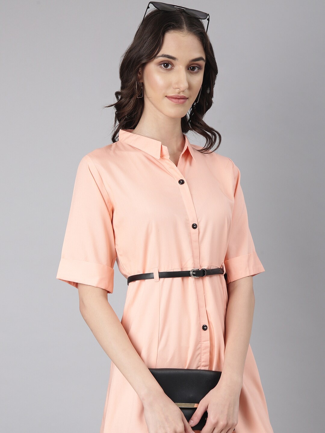 

SHOWOFF Belted Shirt Style Dress, Peach