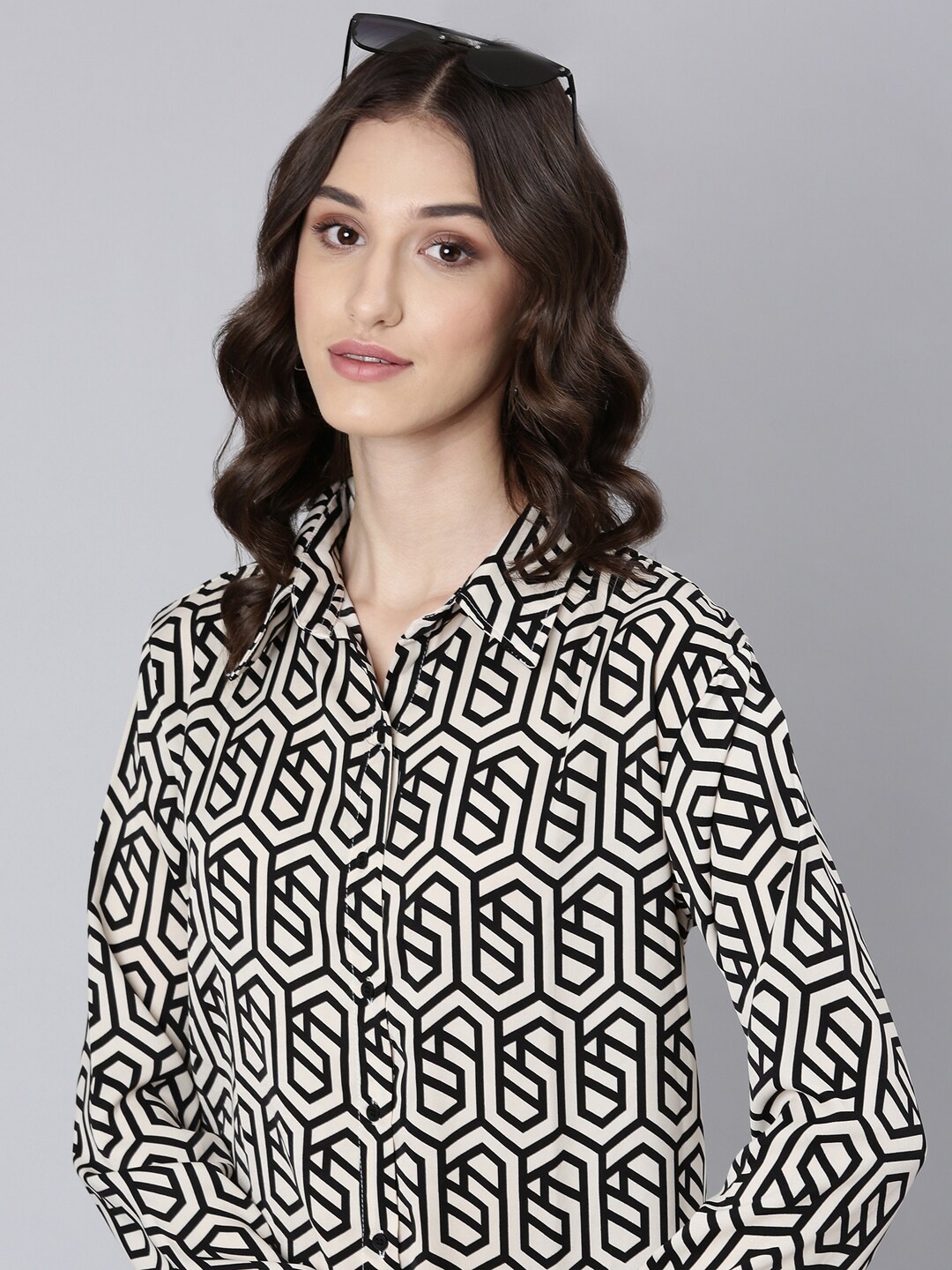 

SHOWOFF Geometric Printed Georgette Shirt Style Dress, Cream