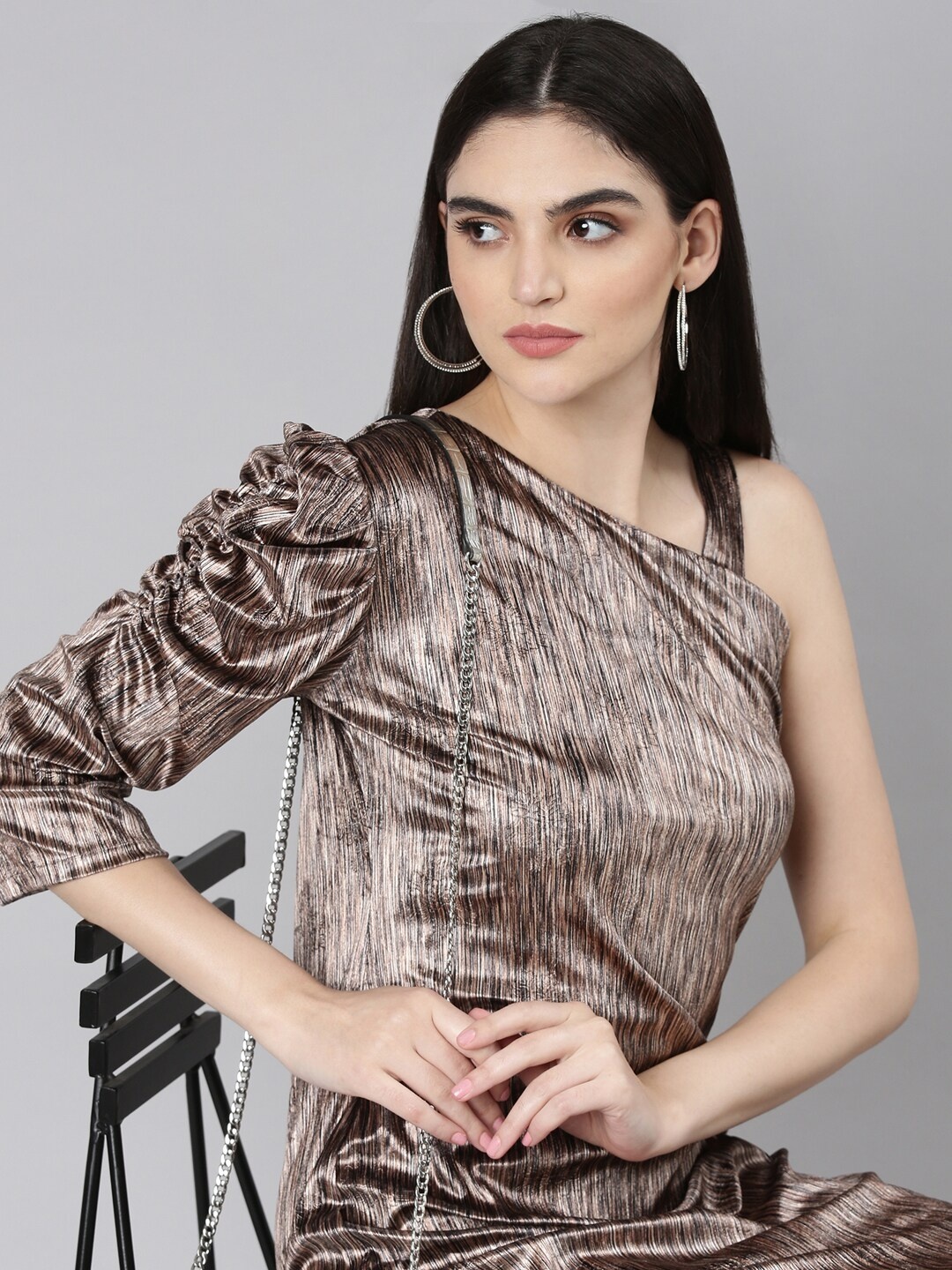 

SHOWOFF One Shoulder Puff Sleeve Velvet Sheath Dress, Bronze