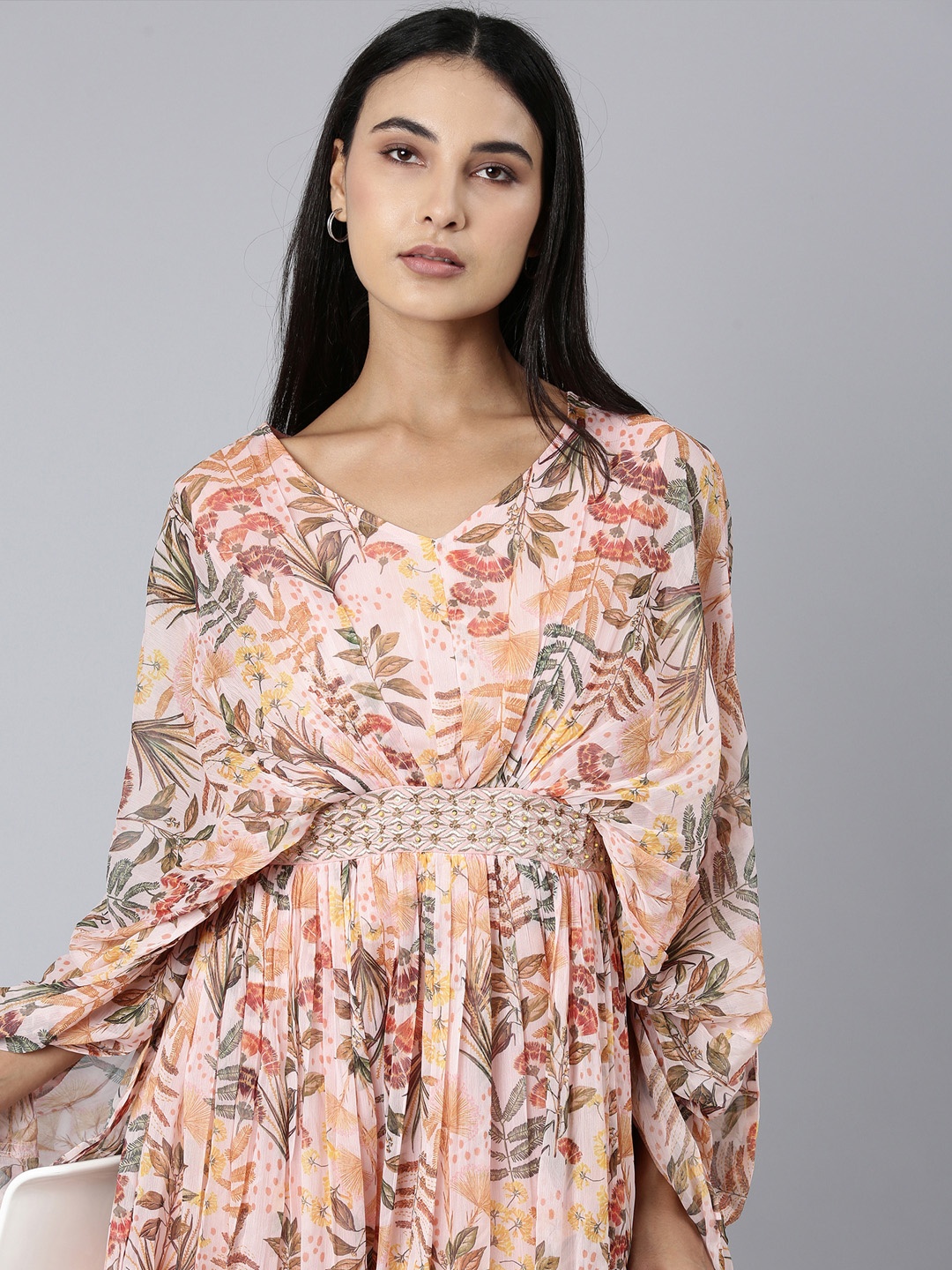 

SHOWOFF Floral Printed Kimono Sleeve V-Neck Belted Chiffon Maxi Dress, Peach