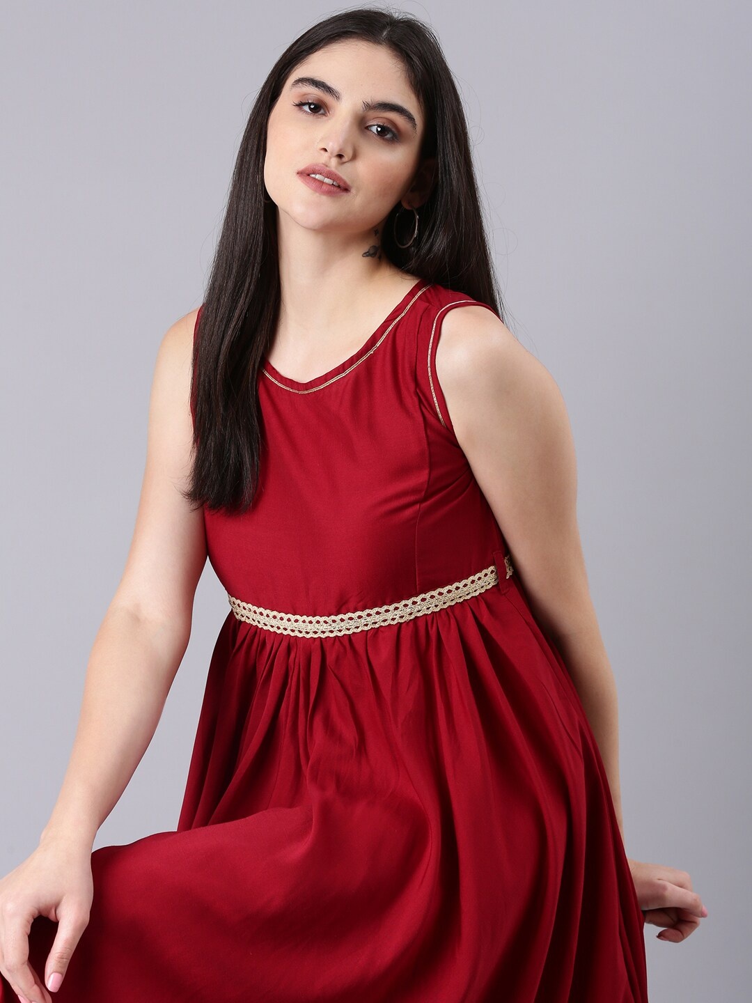 

SHOWOFF Round Neck Fit & Flare Midi Dress, Maroon