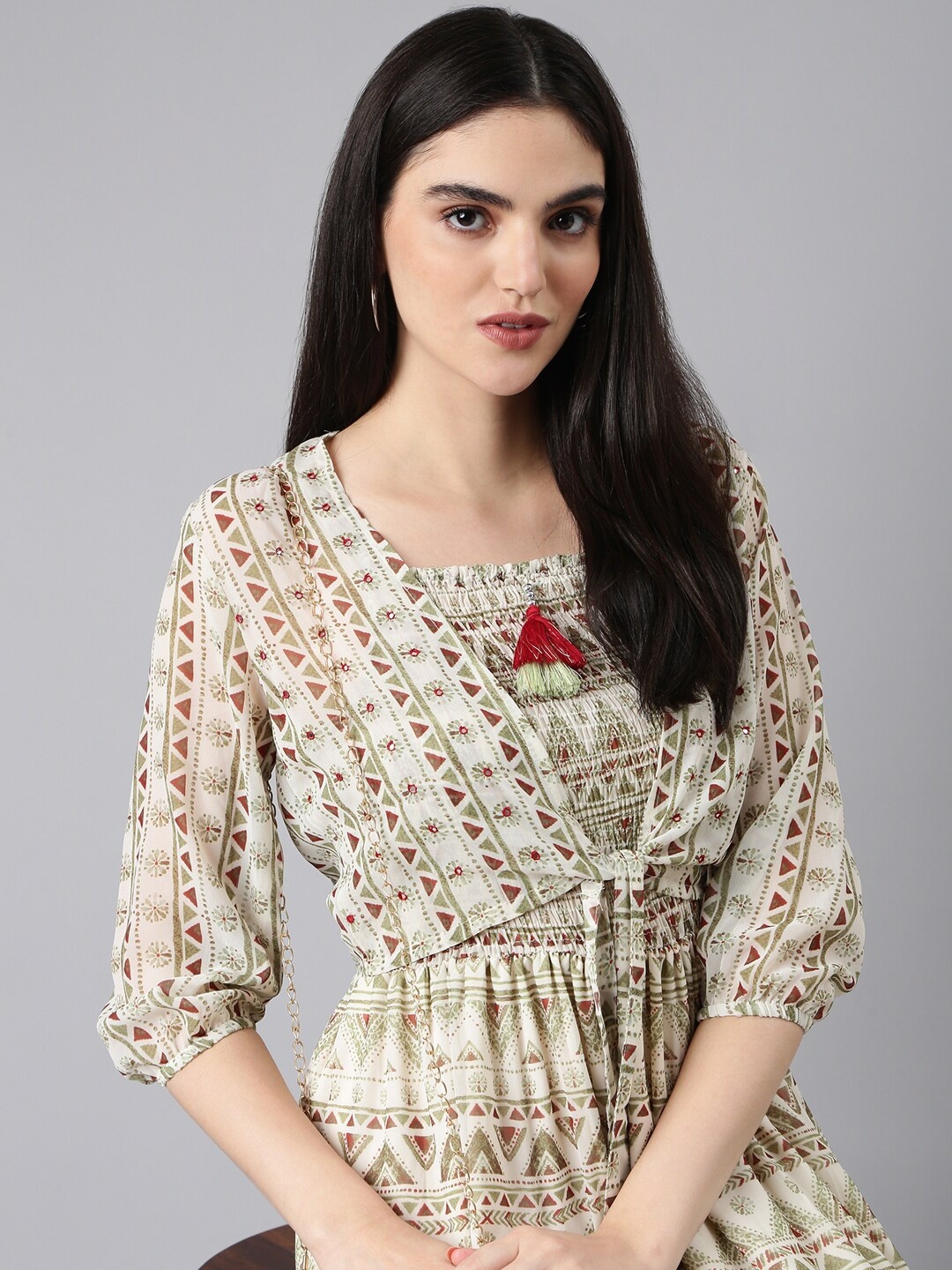 

SHOWOFF Geometric Printed Shoulder Straps Smocked Georgette Fit And Flare Dress, Cream