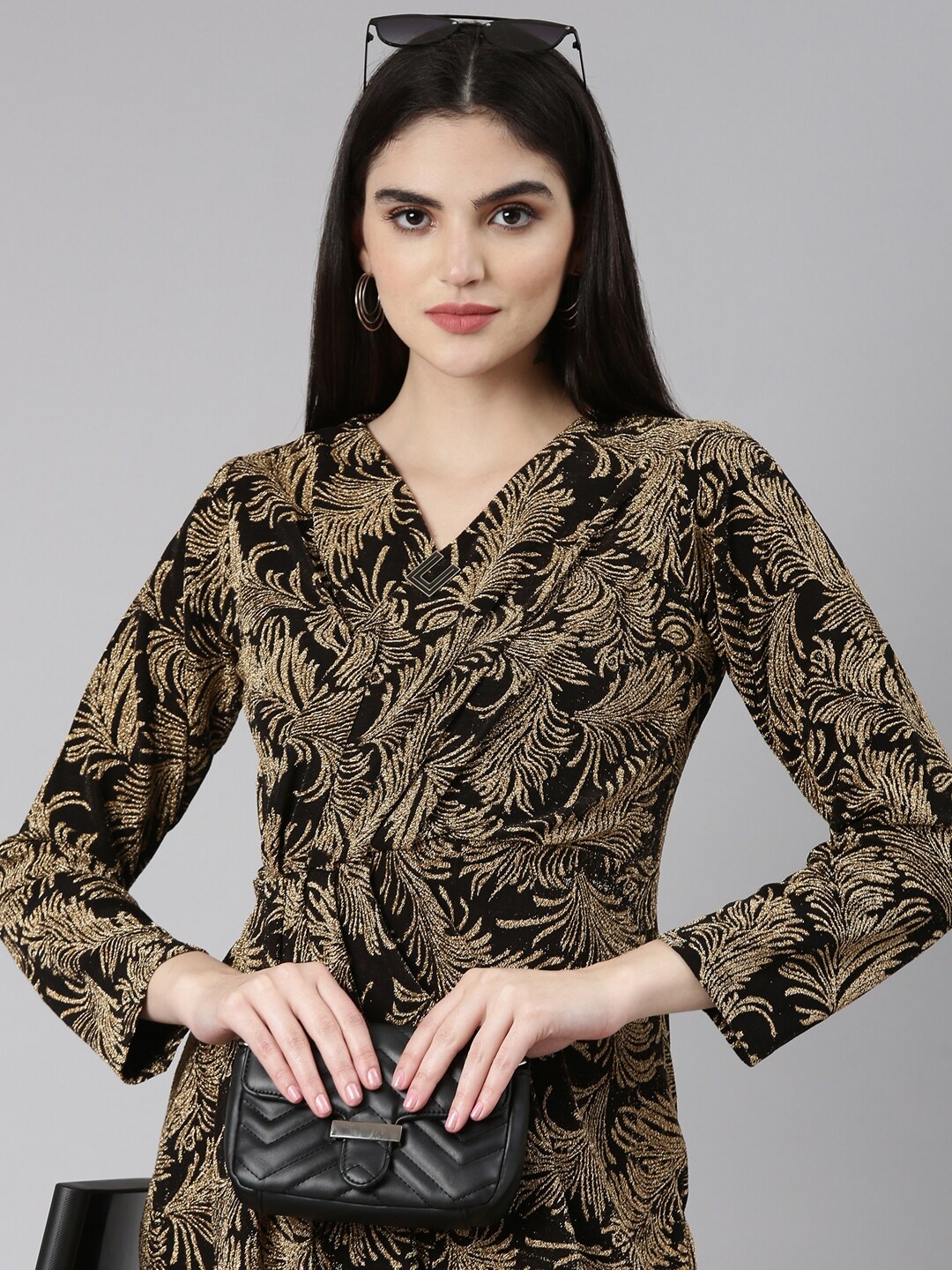 

SHOWOFF Tropical Printed V-Neck Puff Sleeves Gathered Detail Velvet Mini Wrap Dress, Gold