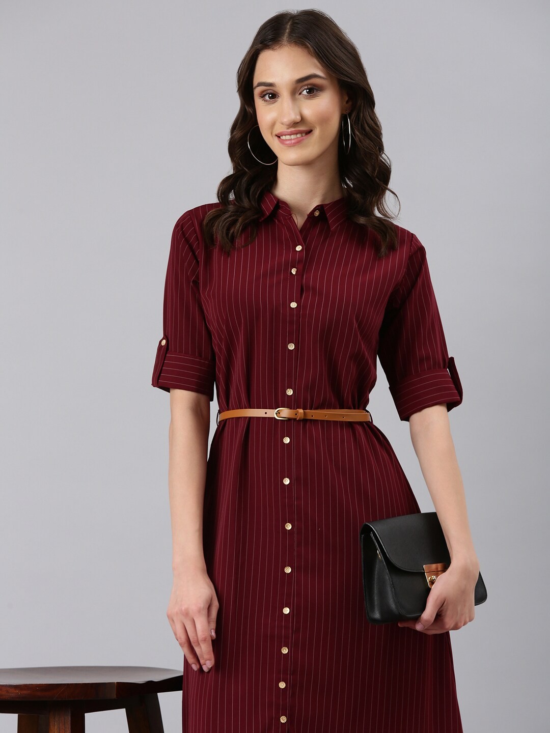 

SHOWOFF Striped Shirt Midi Dress, Maroon