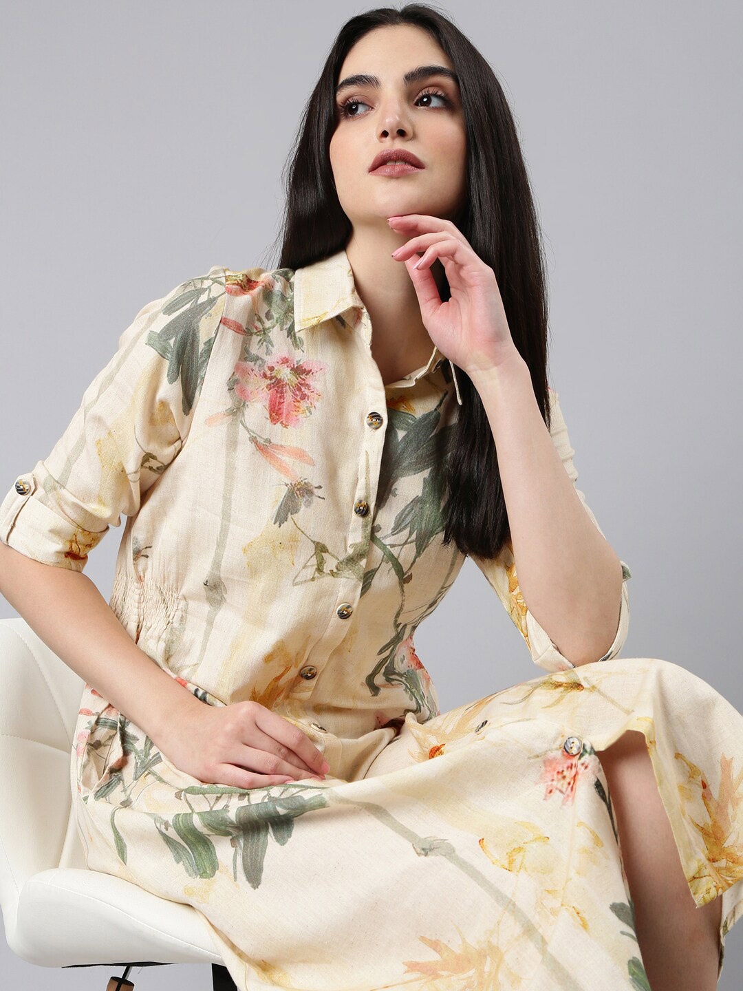 

SHOWOFF Floral Printed Cotton Shirt Dress, Cream
