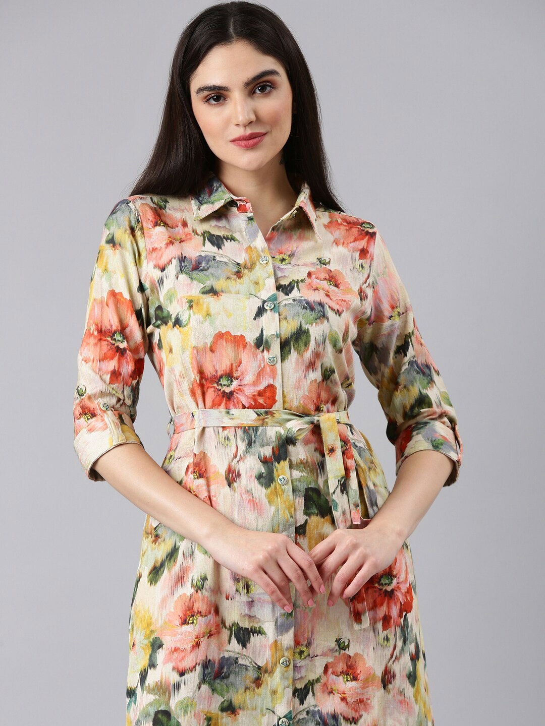 

SHOWOFF Floral Print Shirt Midi Dress, Beige