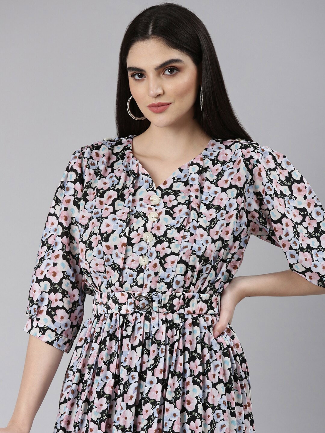 

SHOWOFF Floral Printed Puff Sleeve Fit & Flare Midi Dress, Black