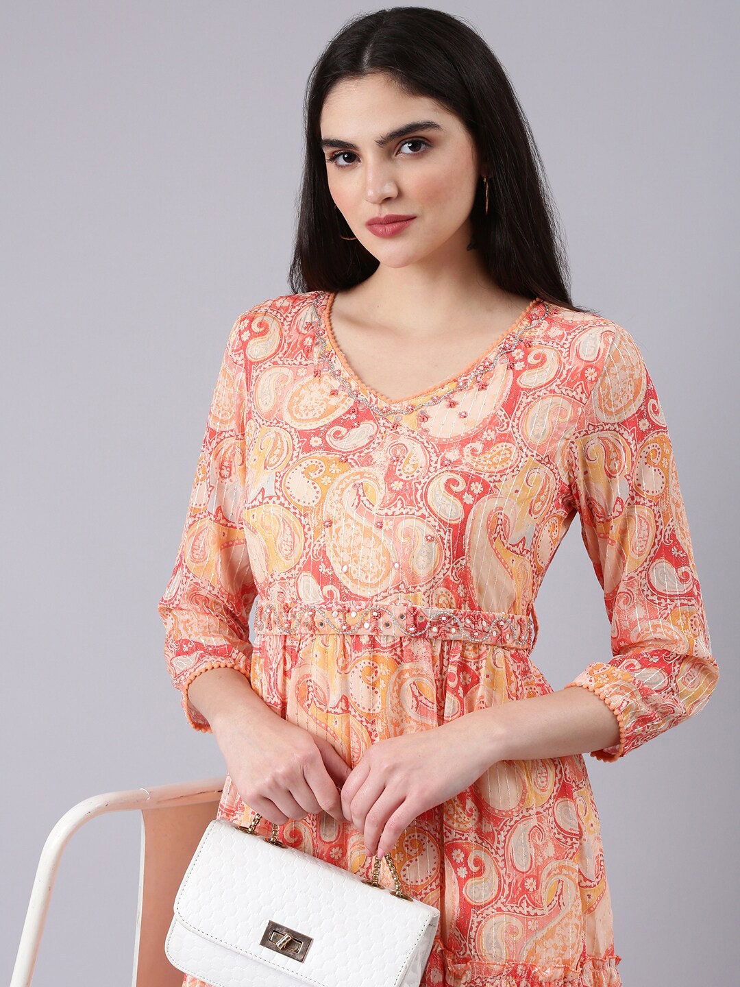 

SHOWOFF Floral Print Puff Sleeve Georgette Tiered A-line Dress, Peach