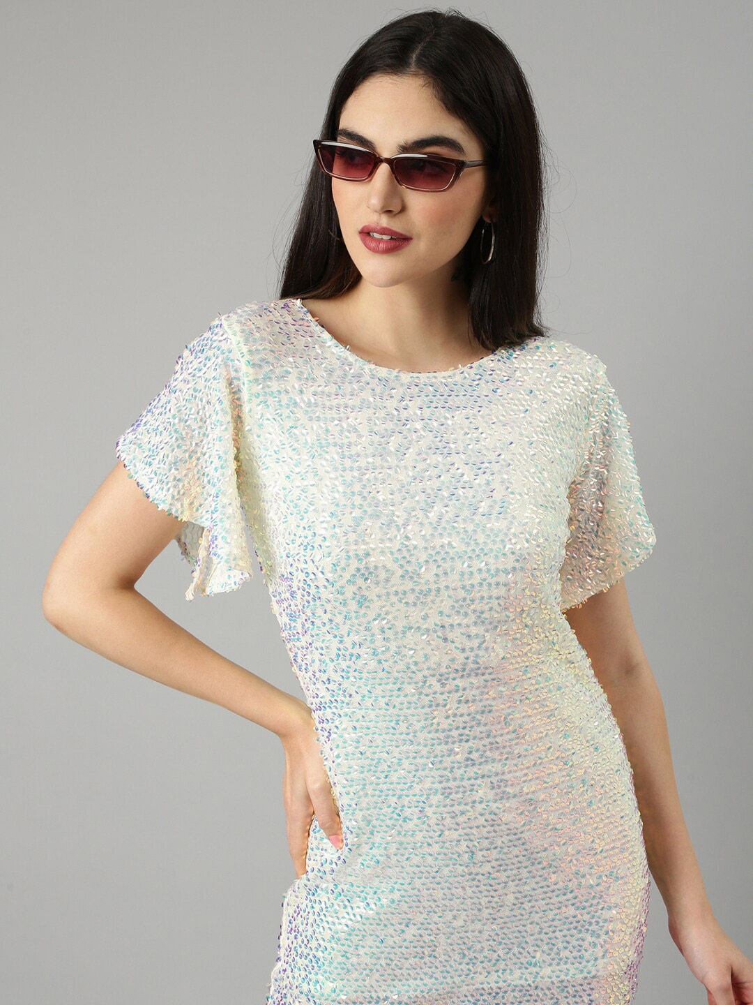 

SHOWOFF Sequin Embellished Flutter Sleeves Net A-Line Dress, Yellow