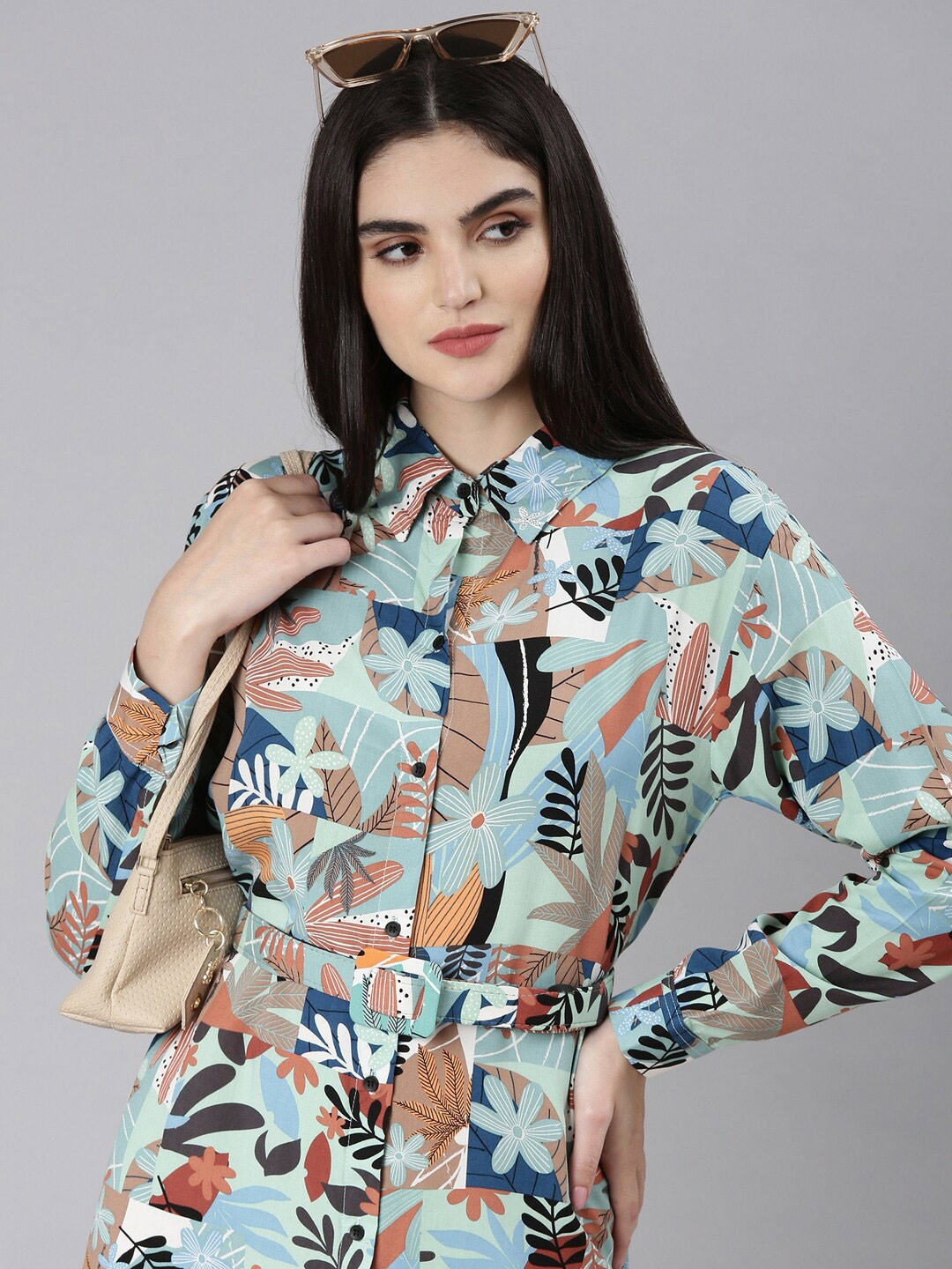 

SHOWOFF Tropical Printed Belted Shirt Style Dress, Sea green