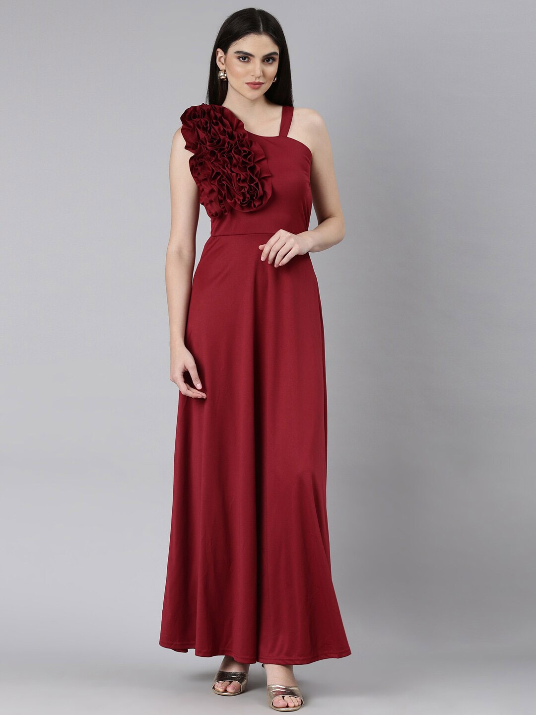 

SHOWOFF Shoulder Straps Ruffled Cotton Fit and Flare Maxi Dress, Maroon