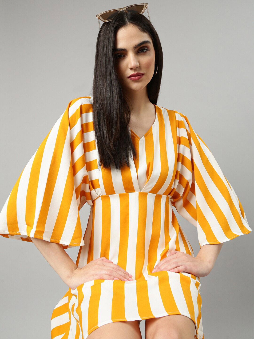 

SHOWOFF Striped Flared Sleeve A-Line Dress, Mustard