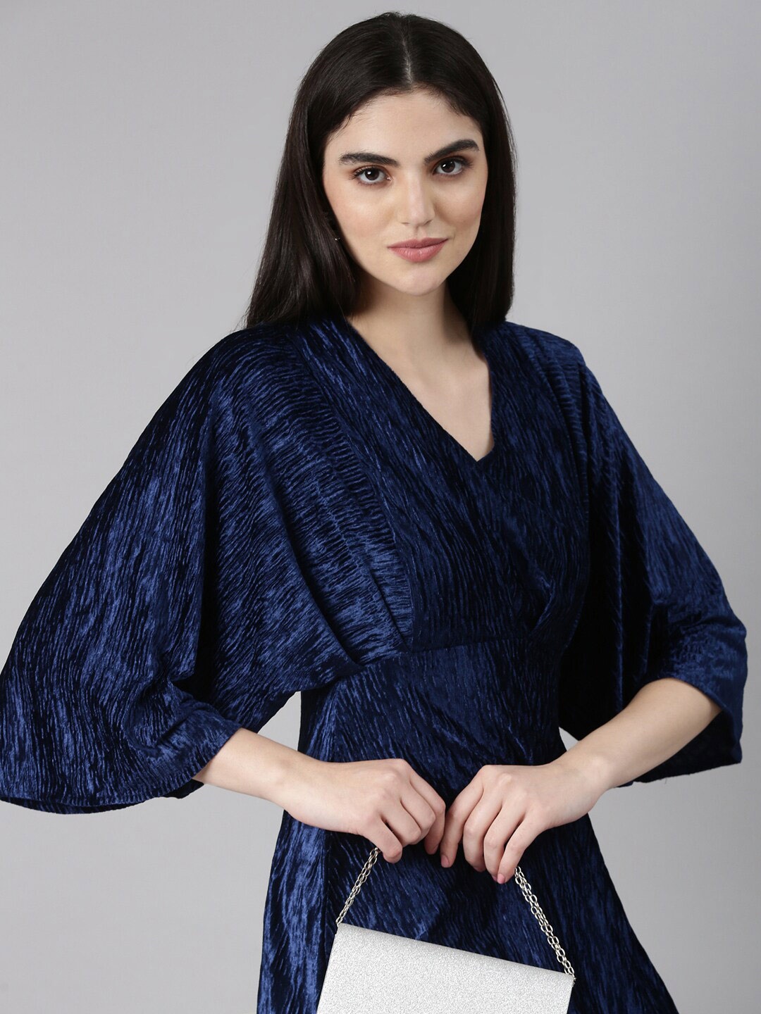 

SHOWOFF Flared Sleeve Velvet Mini Fit and Flare Dress, Navy blue