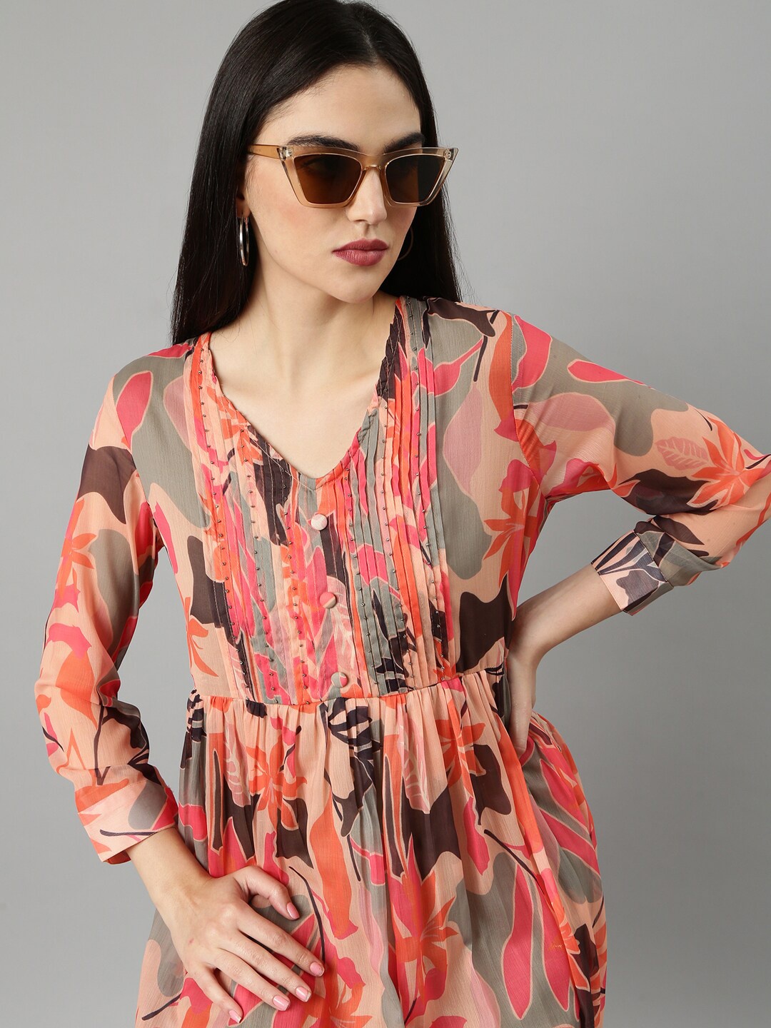 

SHOWOFF Floral Printed Cotton Fit & Flare Midi Dress, Peach