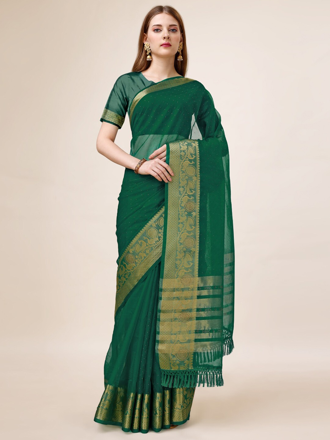 

Mitera Embellished Zari Organza Saree, Green