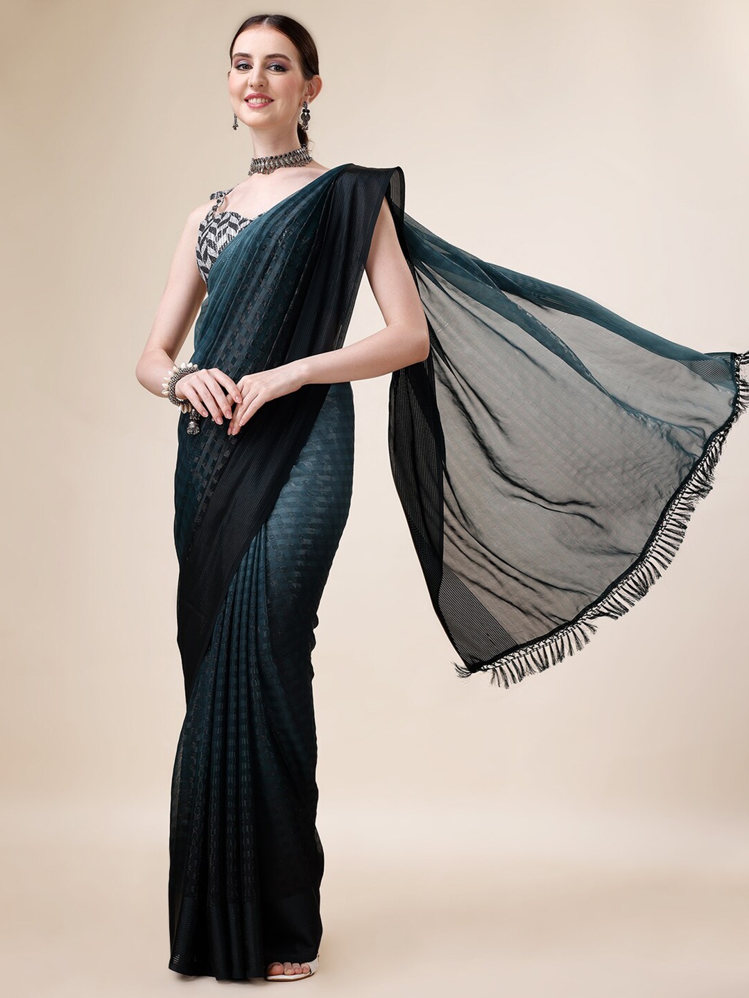 

Mitera Striped Satin Saree, Green