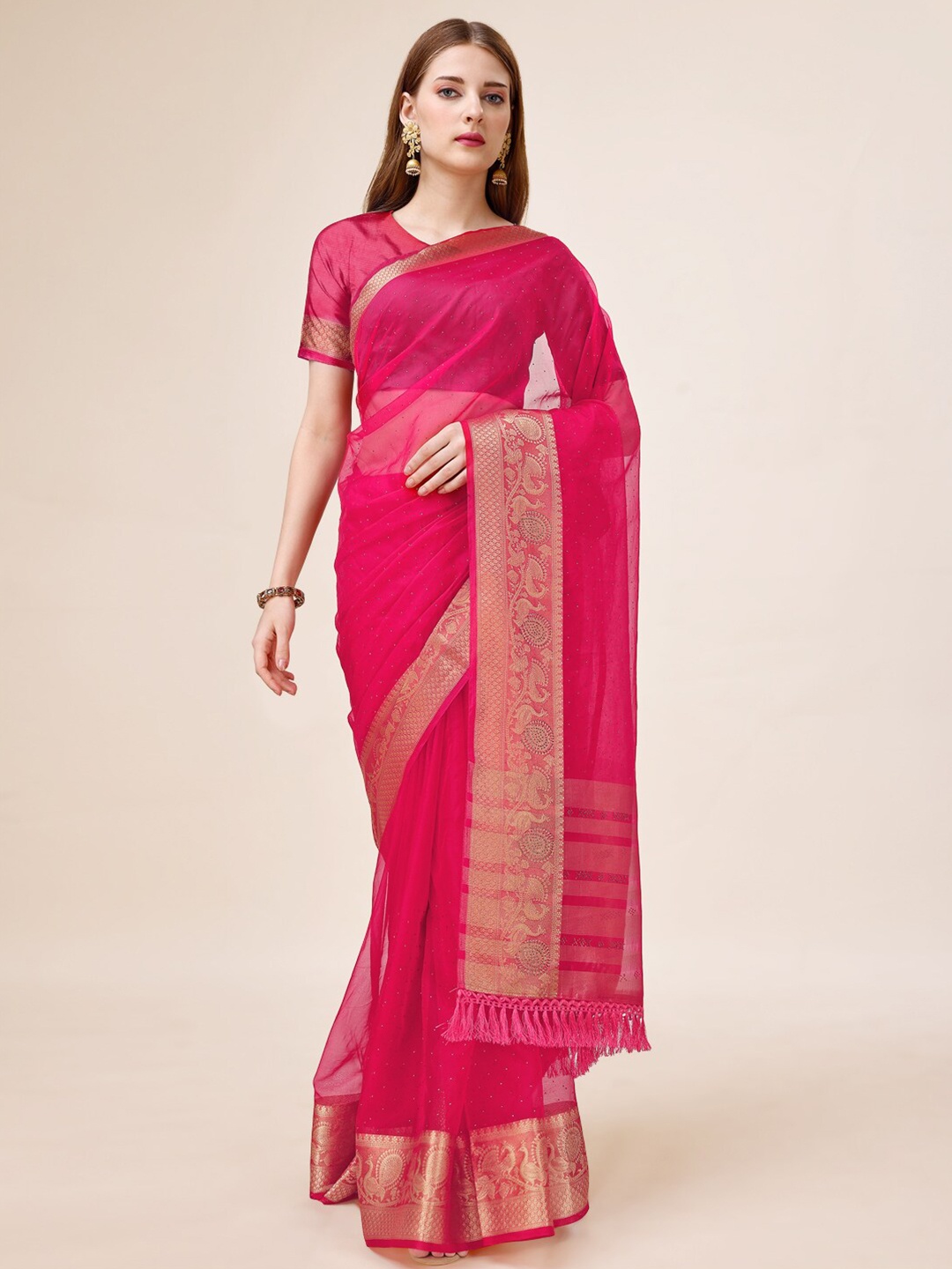 

Mitera Embellished Zari Saree, Pink