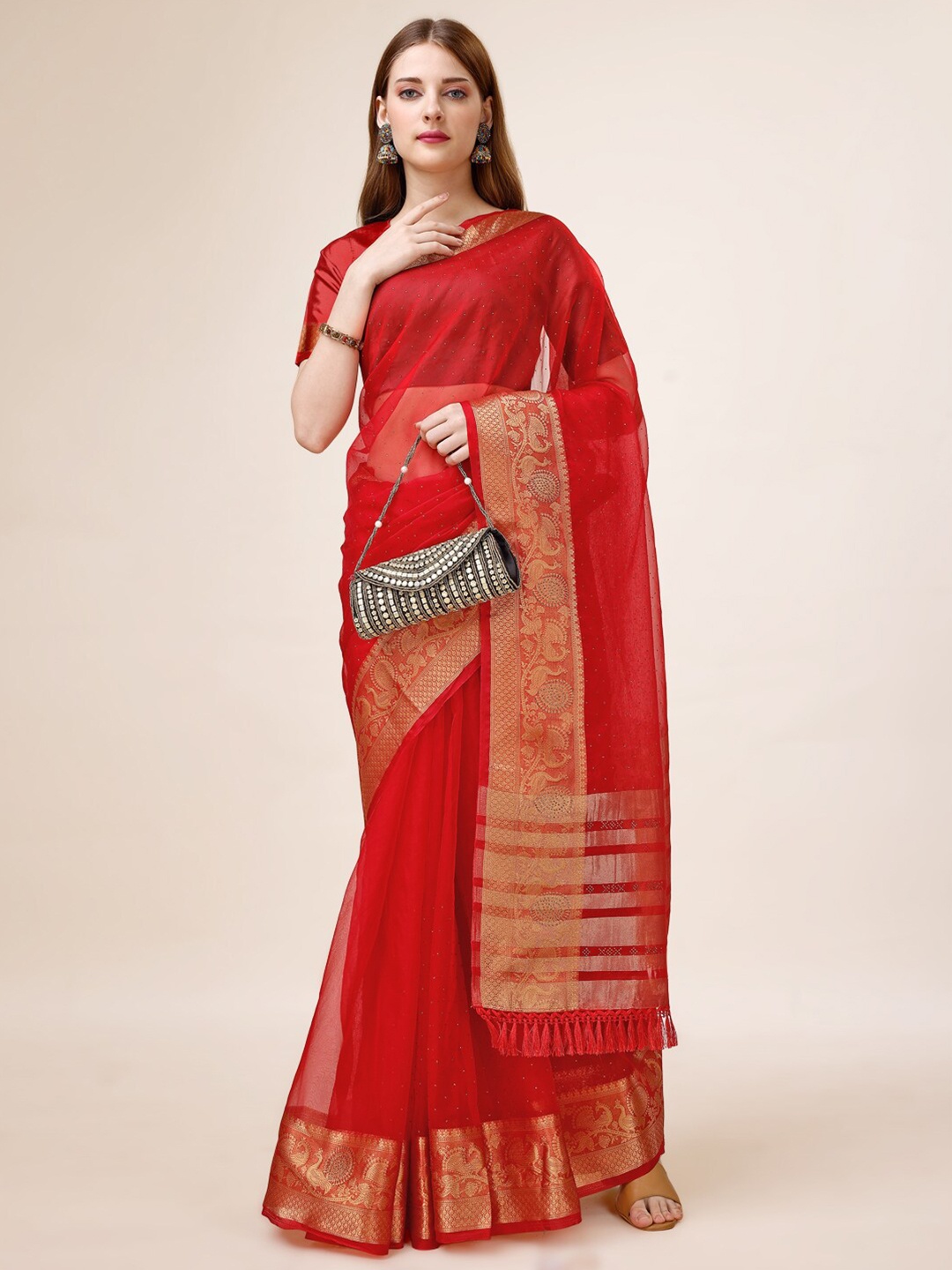 

Mitera Embellished Zari Saree, Red