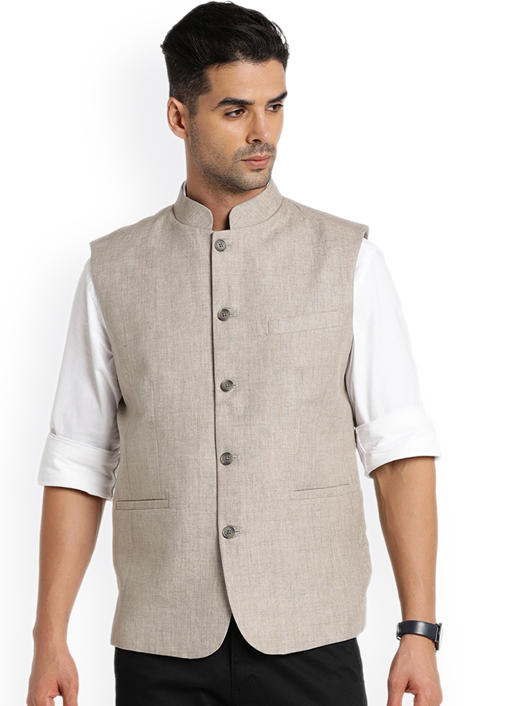 

Indian Terrain Mandarin Collar Pure Linen Nehru Jacket, Grey