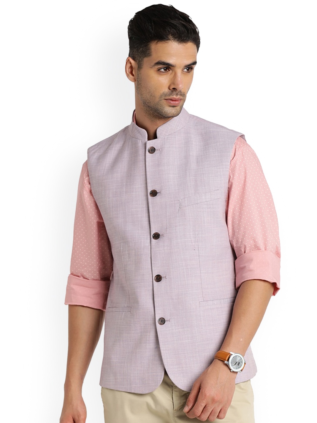 

Indian Terrain Mandarin Collar Nehru Jacket, Mauve
