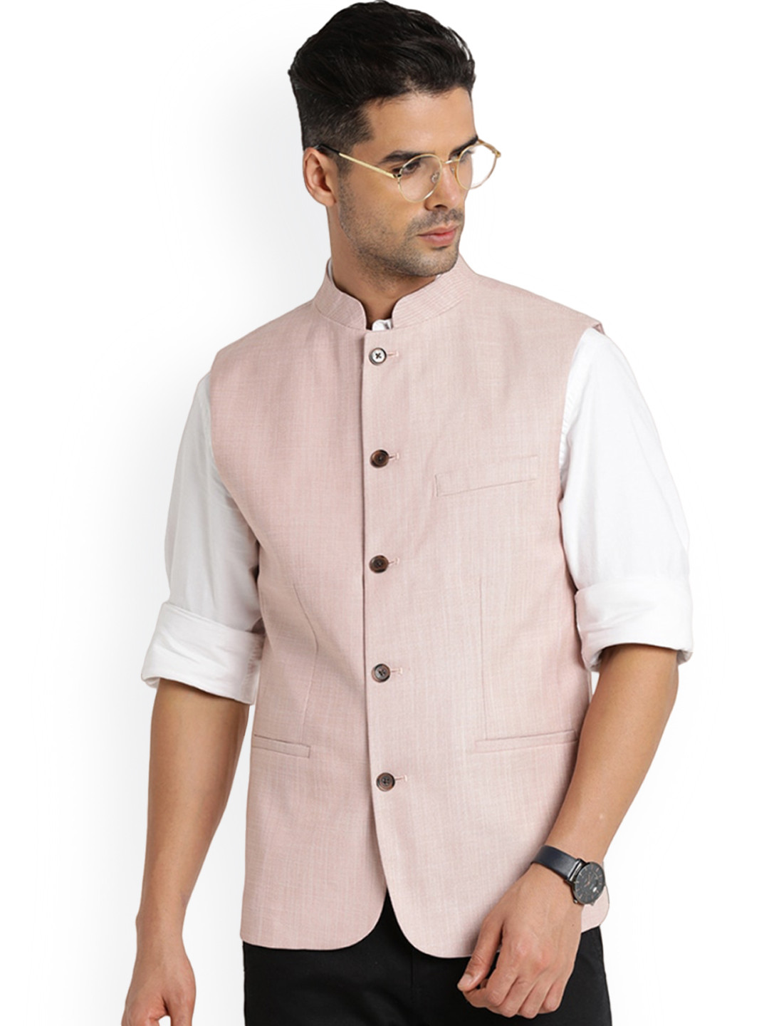 

Indian Terrain Mandrian Collar Nehru Jacket, Peach