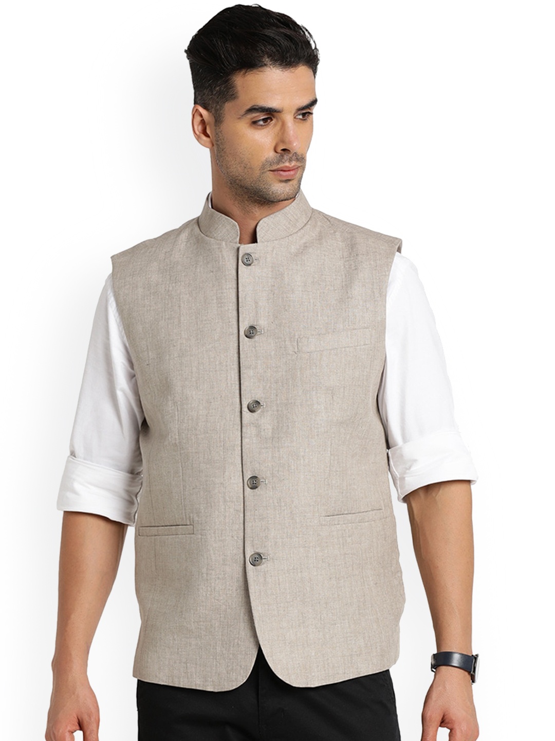 

Indian Terrain Mandarin Collar Pure Linen Nehru Jacket, Grey