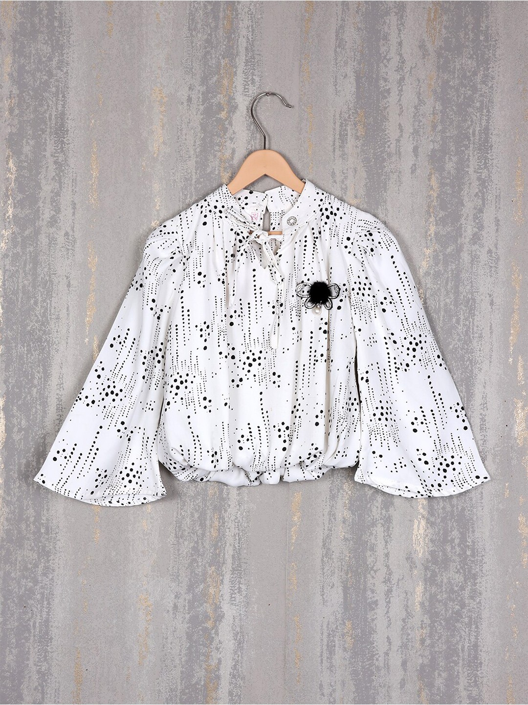 

Steele Girls Geometric Printed Tie-Up Neck Bell Sleeves Pure Cotton Top, White