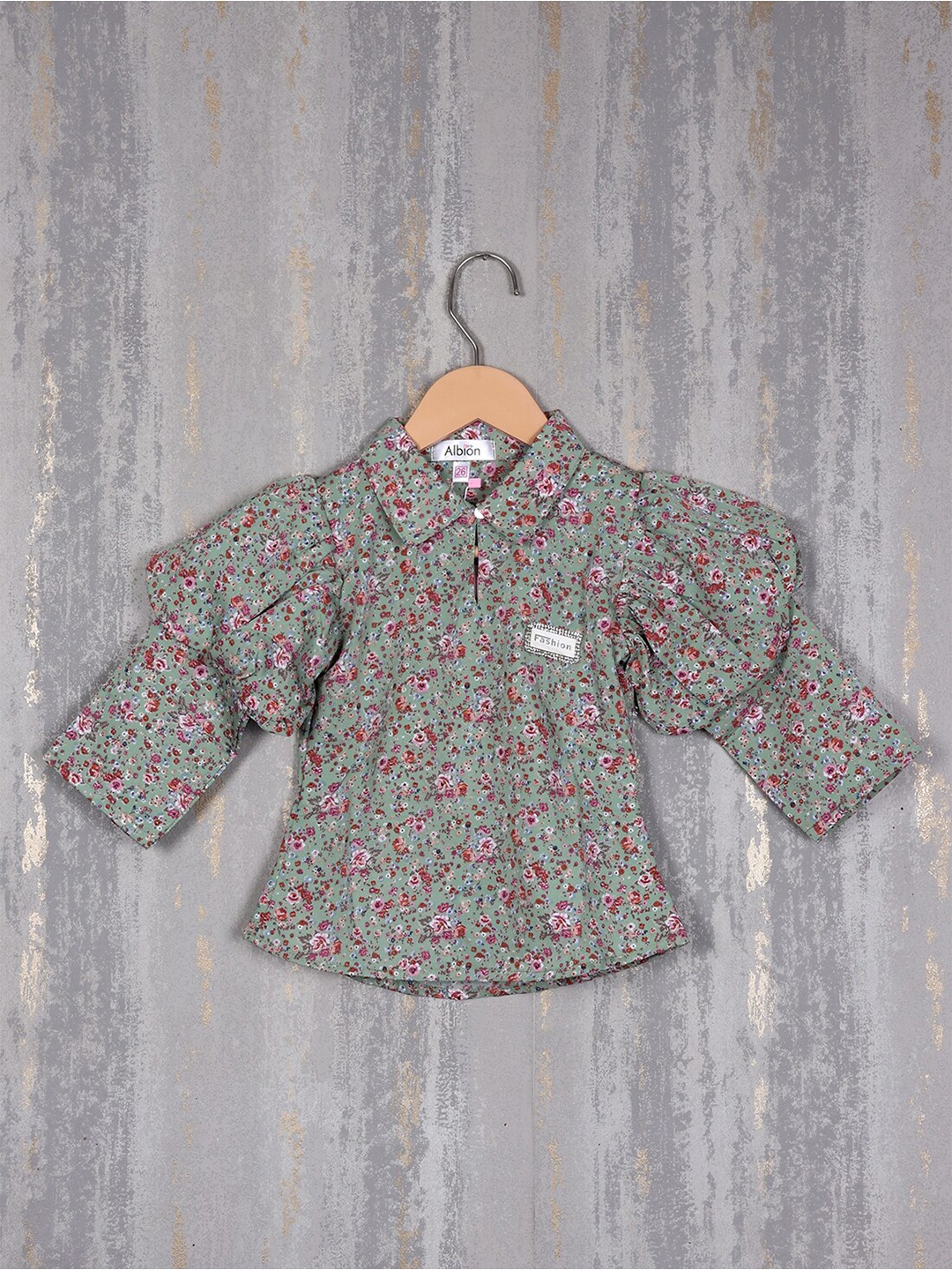 

Albion Girls Floral Printed Shirt Collar Cotton Shirt Style Top, Green