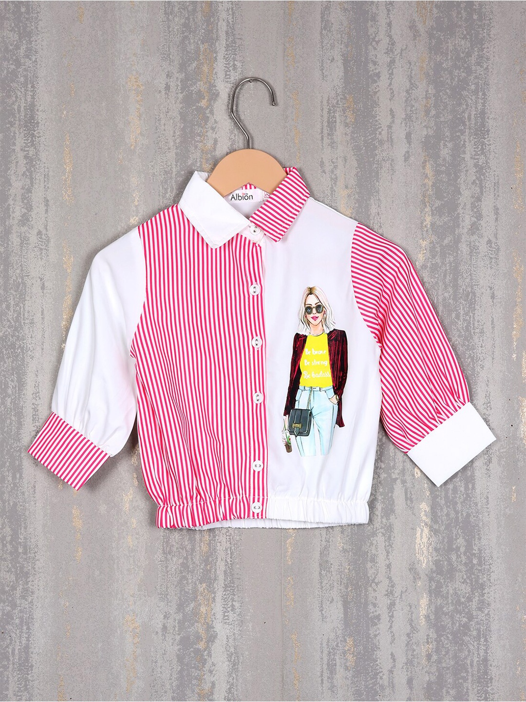 

Albion Girls Striped Shirt Collar Cuffed Sleeves Pure Cotton Shirt Style Top, Pink