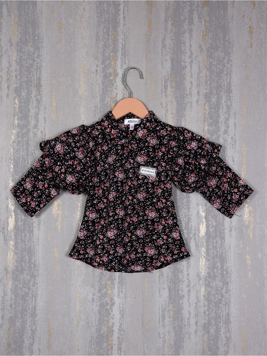 

Albion Girls Floral Printed Shirt Collar Puff Sleeves Pure Cotton Regular Top, Black