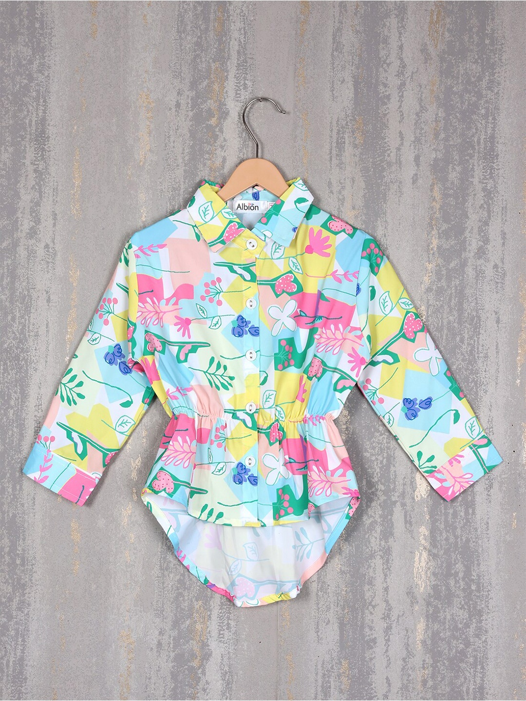 

Albion Girls Floral Printed Cuffed Sleeves Pure Cotton Shirt Style Top, Yellow