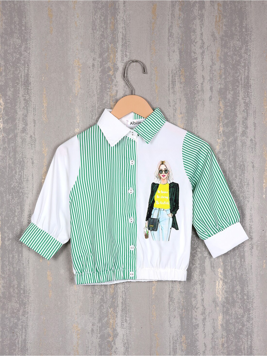

Albion Girls Vertical Stripes Shirt Collar Cuffed Sleeves Pure Cotton Shirt Style Top, Green