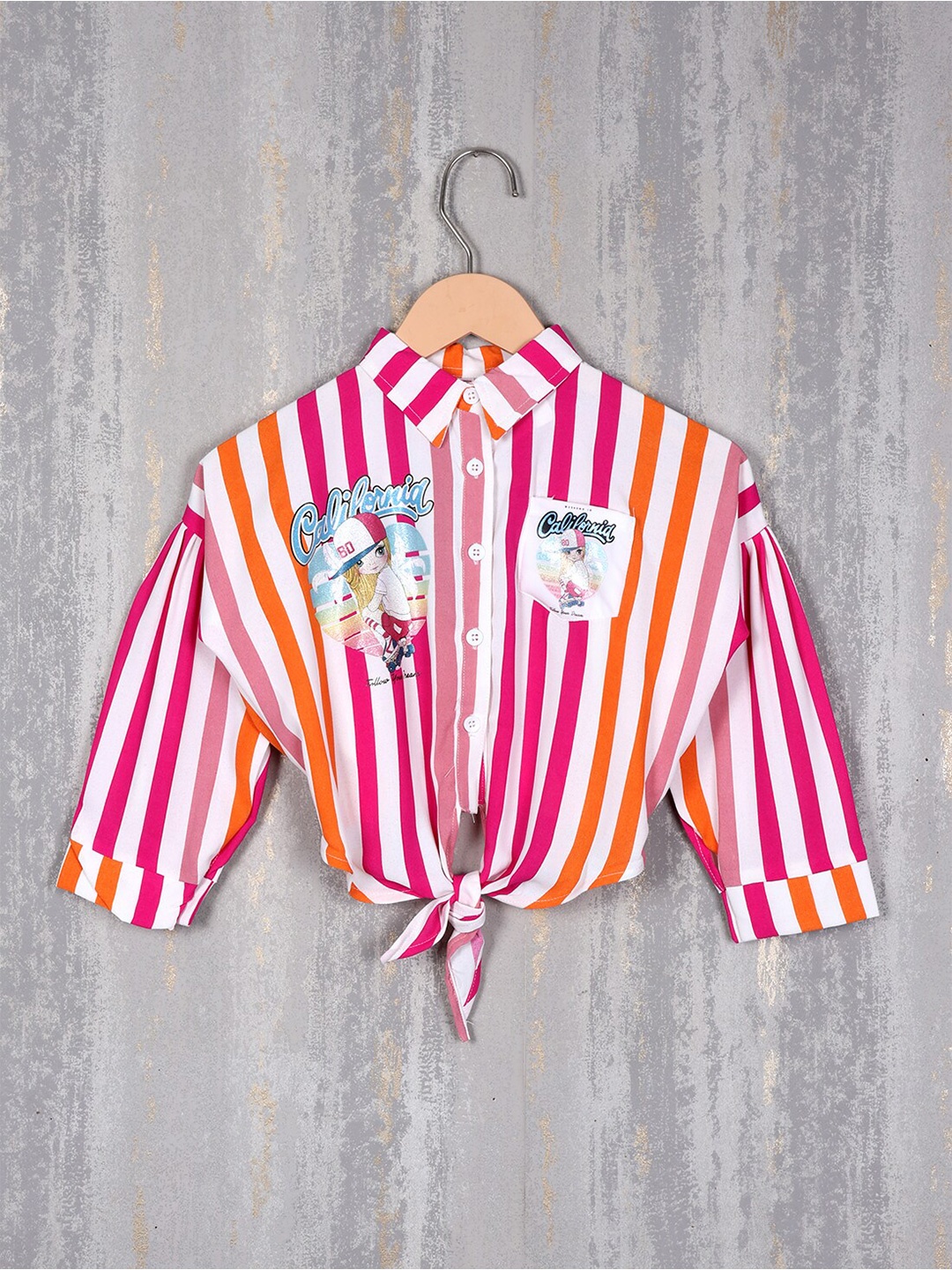 

Albion Girls Striped Shirt Collar Cuffed Sleeves Pure Cotton Shirt Style Top, Pink