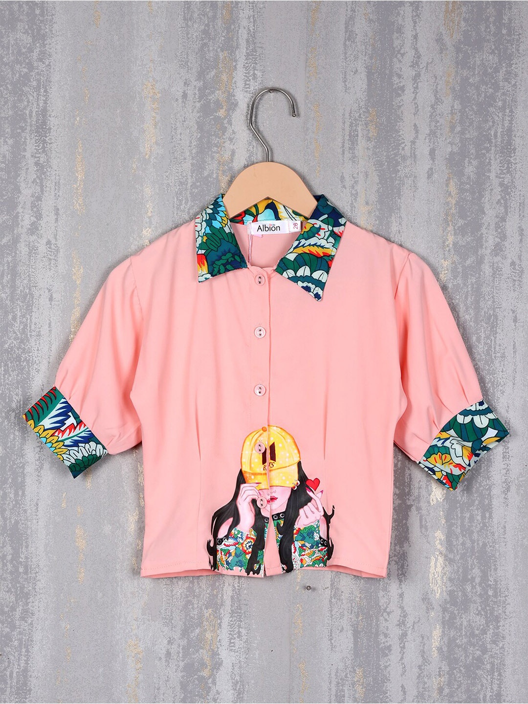 

Albion Girls Floral Printed Shirt Collar Puff Sleeves Pure Cotton Shirt Style Top, Pink