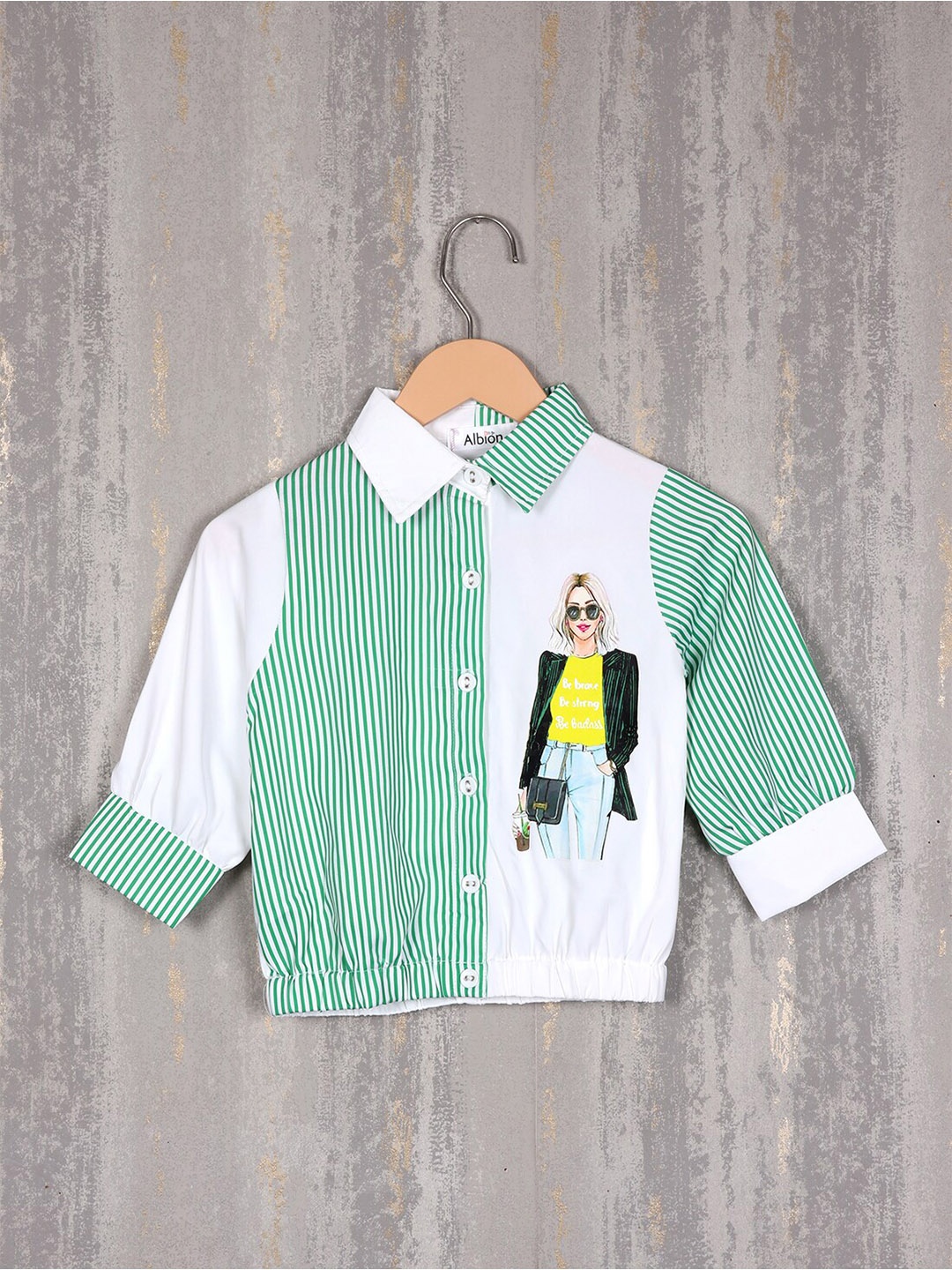 

Albion Striped Cuff Sleeves Shirt Style Pure Cotton Top, Green