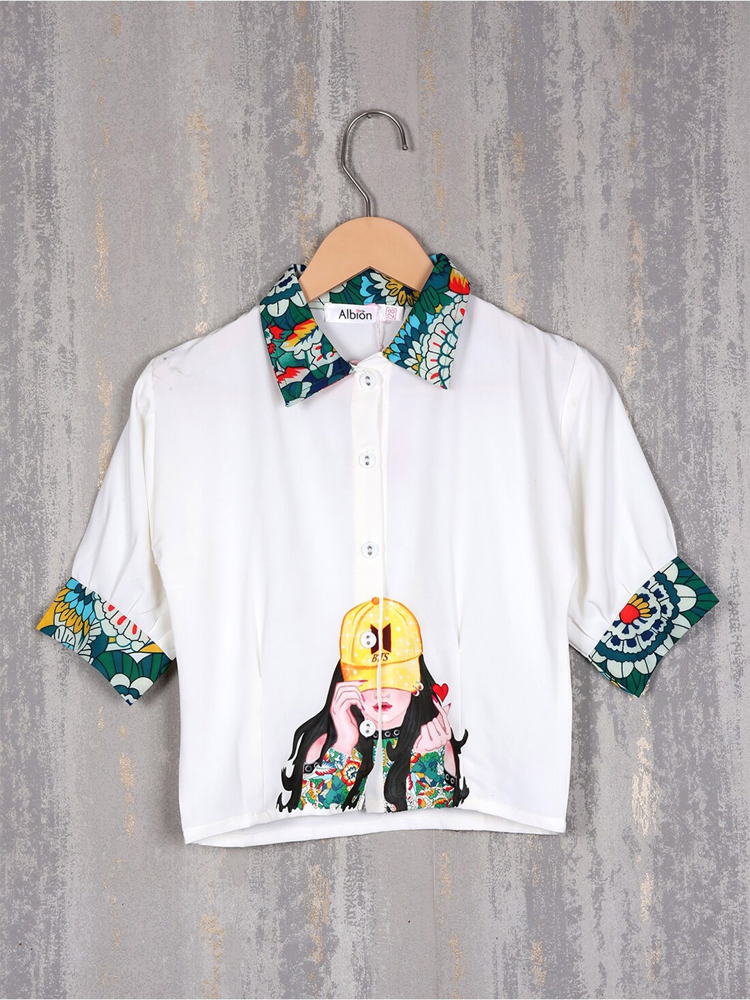 

Albion Graphic Printed Shirt Style Pure Cotton Top, White