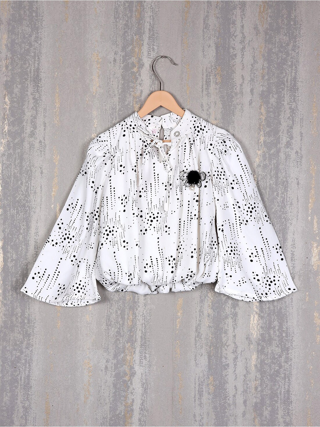 

Steele Girls Geometric Printed Tie-Up Neck Bell Sleeves Cotton Blouson Top, White