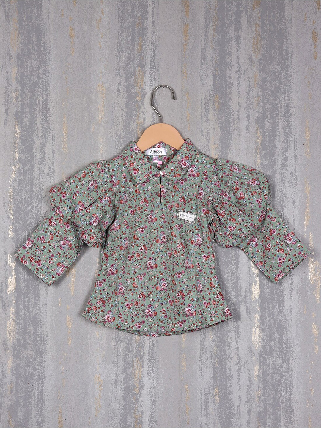

Albion Floral Printed Puff Sleeves Cotton Shirt Style Top, Green