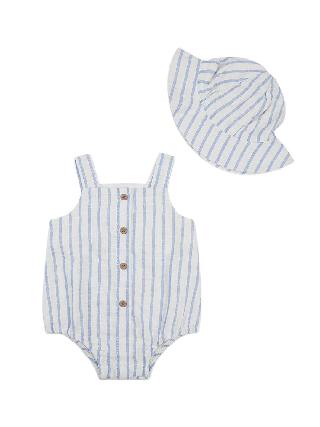 

haus & kinder Infants Boys Striped Pure Cotton Romper With Cap, Blue