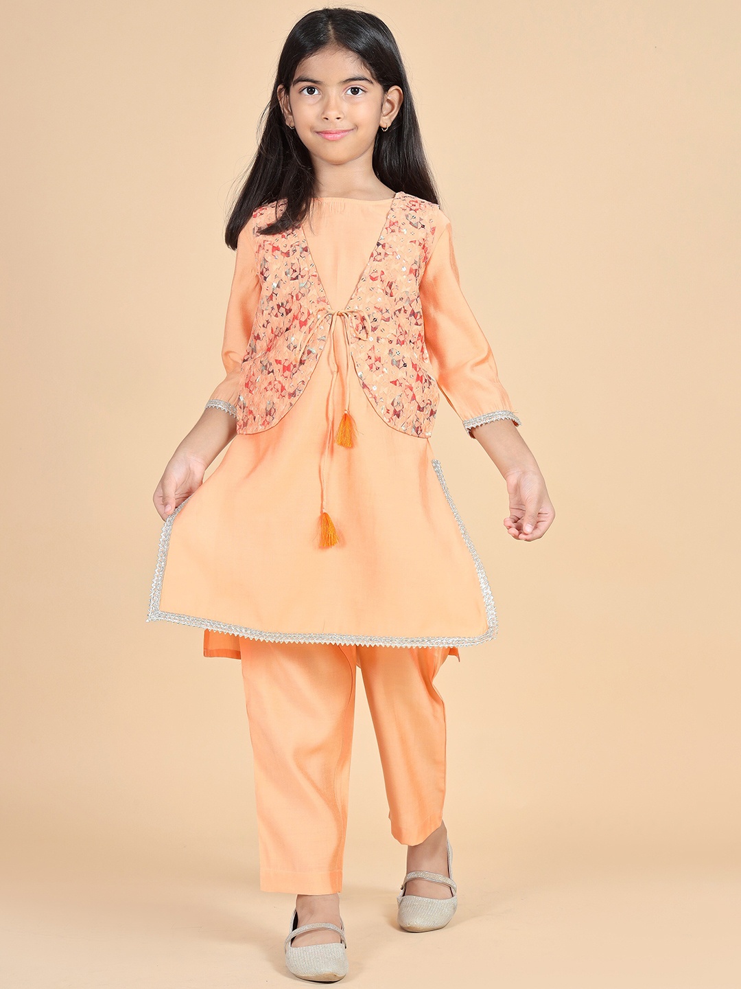 

misbis Girls Embroidered Straight Gotta Patti Kurta With Pyjamas With Jacket, Orange