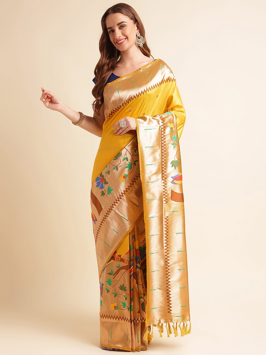 

RAJ DHARMA SILK Ethnic Motifs Woven Design Zari Silk Cotton Paithani Saree, Yellow