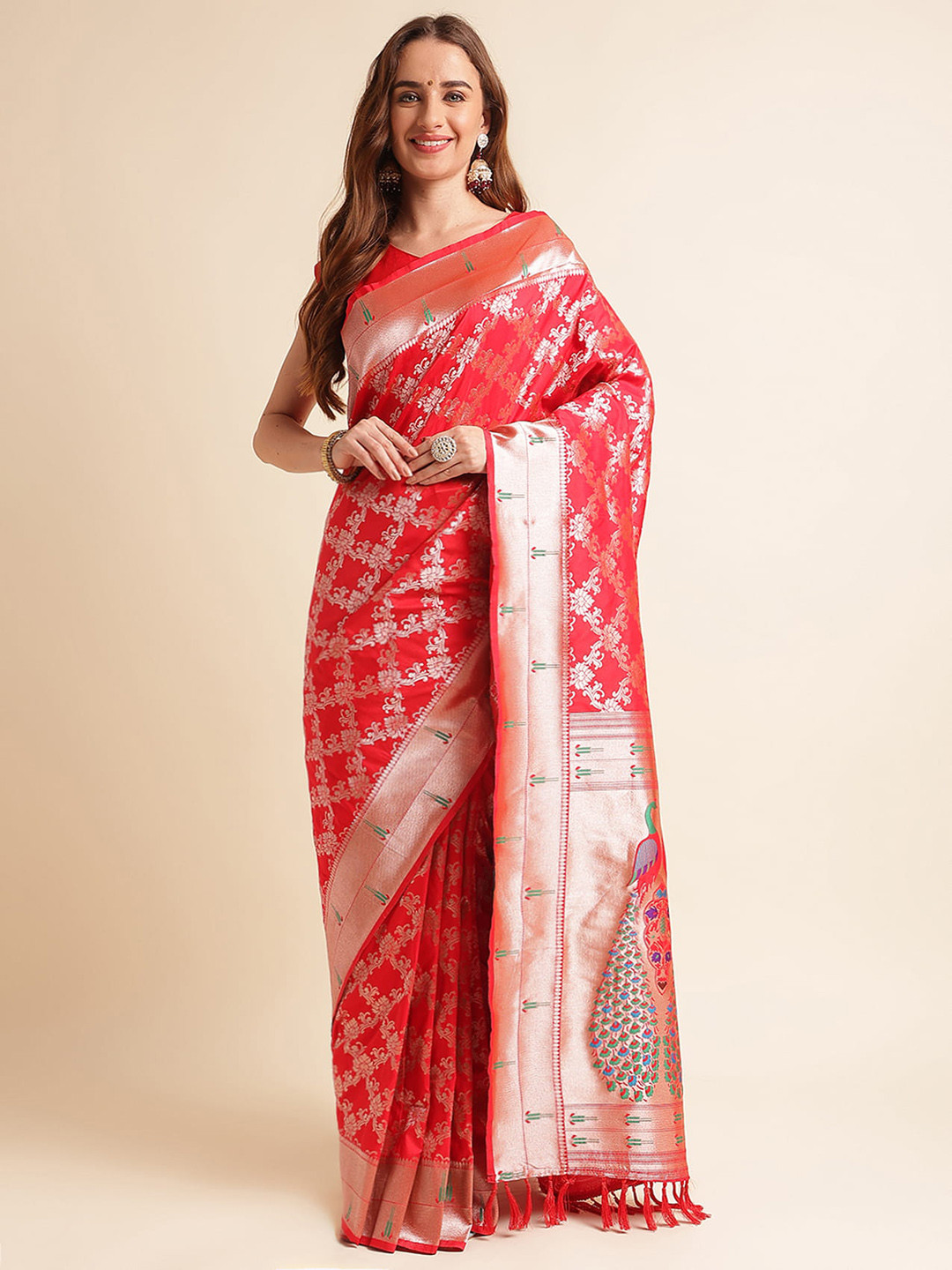 

RAJ DHARMA SILK Ethnic Motifs Woven Design Zari Silk Cotton Paithani Saree, Red