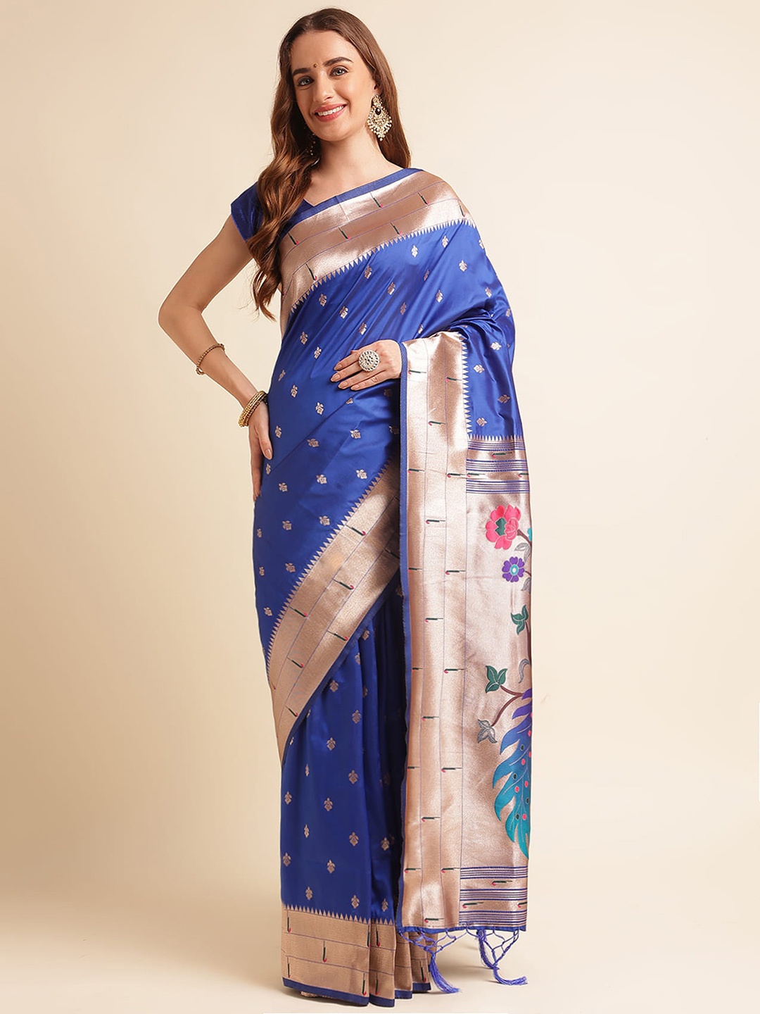 

RAJ DHARMA SILK Ethnic Motifs Woven Design Zari Silk Cotton Paithani Saree, Blue