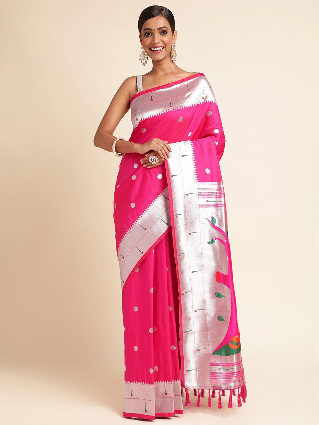 

RAJ DHARMA SILK Ethnic Motifs Woven Design Zari Silk Cotton Paithani Saree, Pink